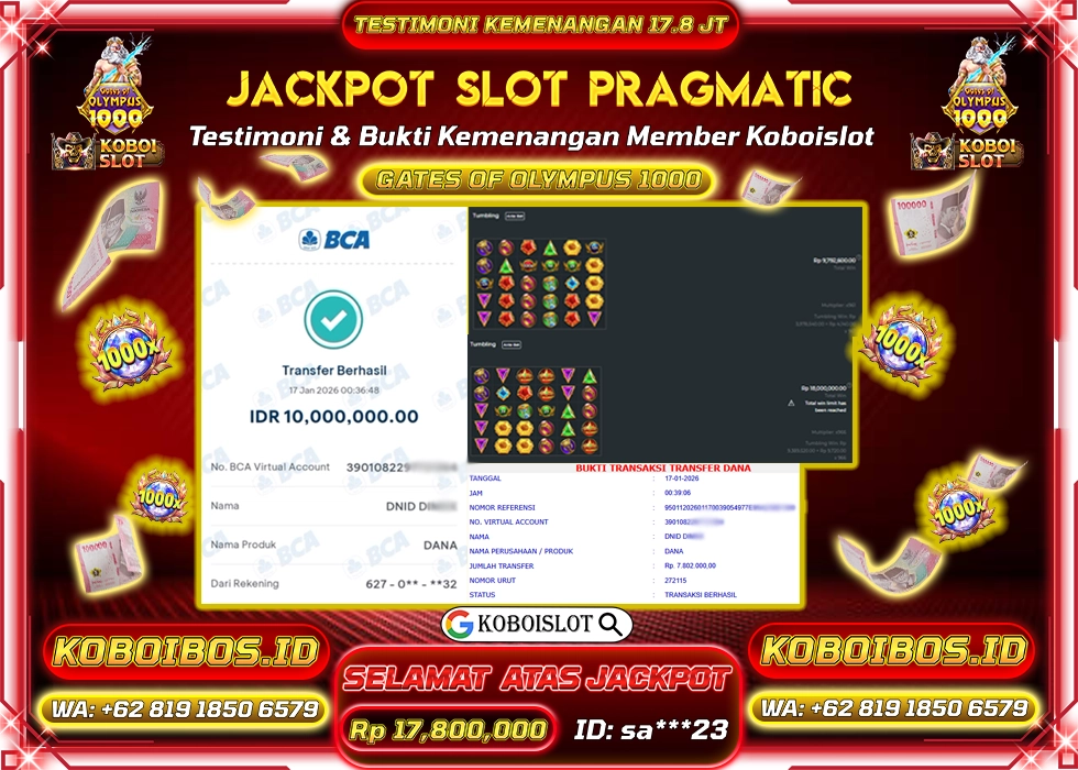 BUKTI KEMENANGAN ID sa***23 SLOT GACOR GATES OF OLYMPUS 1000 Rp17.800.000,- LUNAS